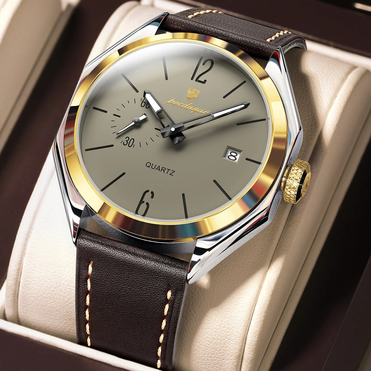 Men's Waterproof Leather Quartz Watch with Luminous Dial and Date - Business Style