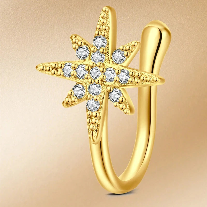 Women’s Fake Nose Ring U-Shaped Dangle Style Zirconia Nose Stud Gold Stainless Steel