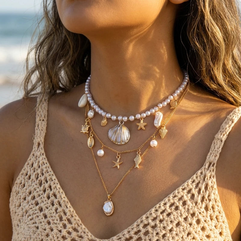 Bohemian Pearl Starfish Pendant Necklace for Women - Trendy Irregular Blue Stone Beads, Link Chain, Beach Party Jewelry