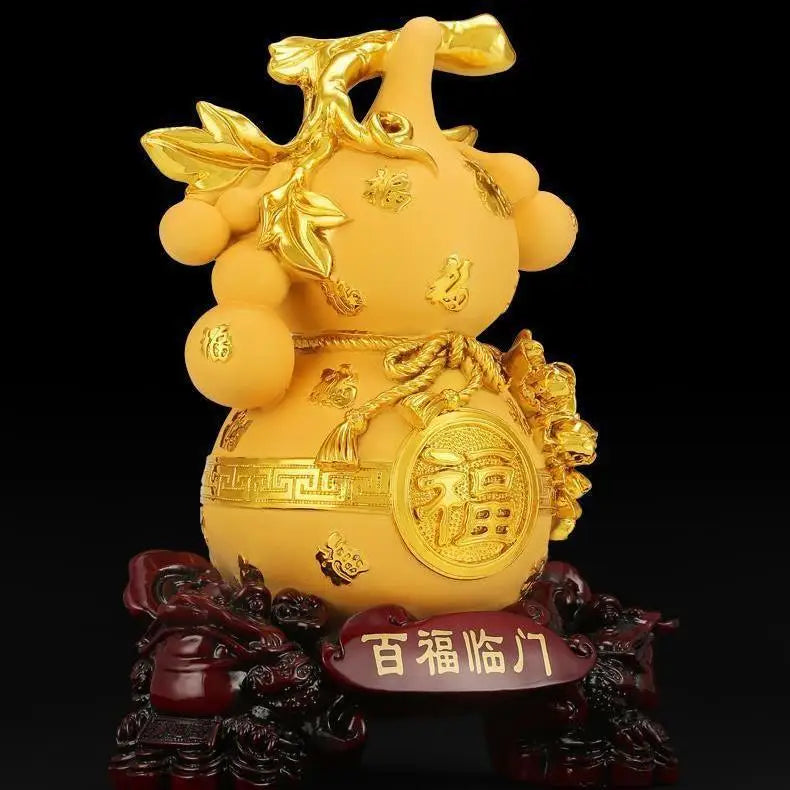 Fortune Gourd Ornament Home Decor Figurine - Gold & Green Resin Decorations
