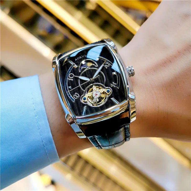 Men's Luxury Automatic Moon Phase Watch with Skeleton Dial Leather Strap