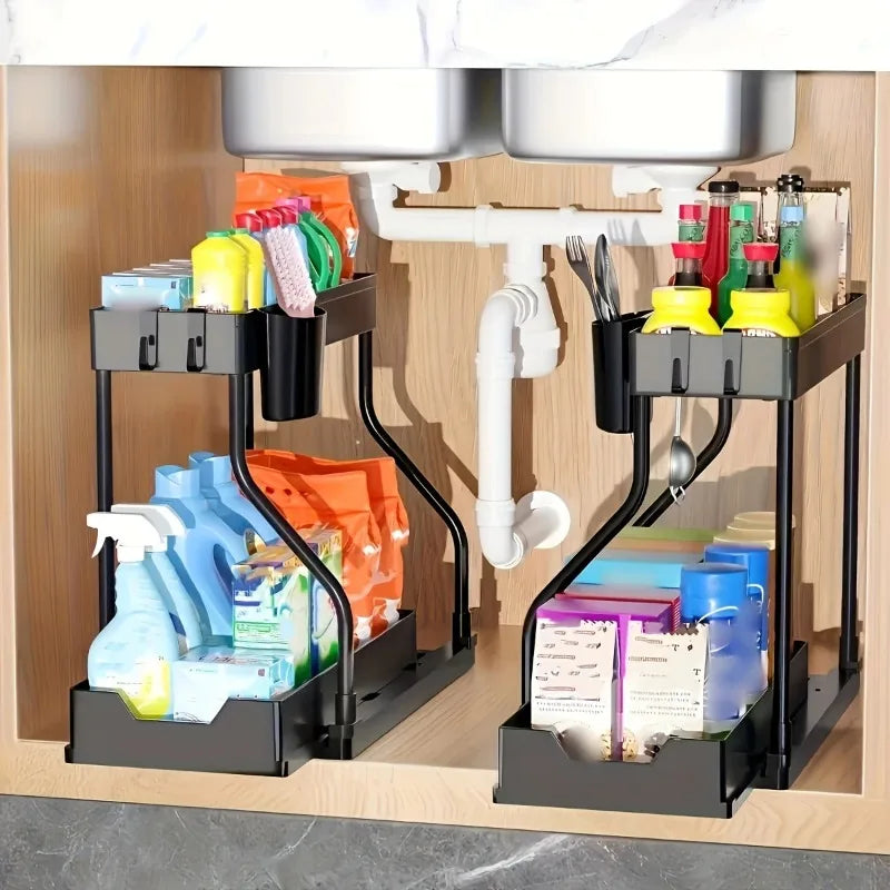Kitchen Sink Lower Storage Rack Double Pull-Out Countertop Organizer