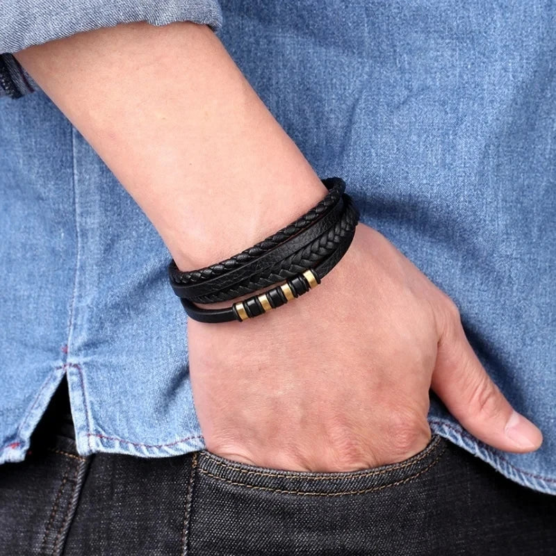 Multi-Layer Leather Bracelet with Magnetic Clasp Men’s Fashion Wrist Jewelry Casual Business Accessory