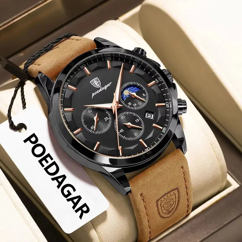Luxury Waterproof Chronograph Men's Watch with Luminous Date and Leather Strap