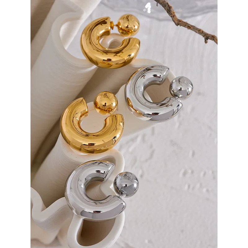 Unisex C-Shaped Round Chunky Earrings - Waterproof Metal Jewelry for Women