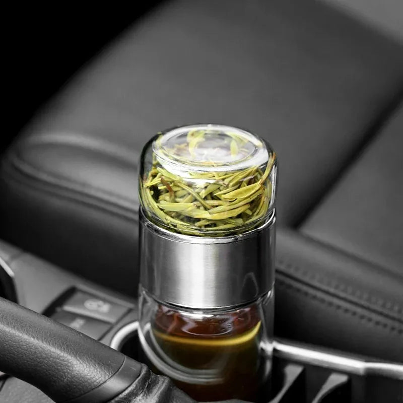 420ML Double Layer Borosilicate Glass Tea Water Bottle with Infuser - Leakproof Drinkware