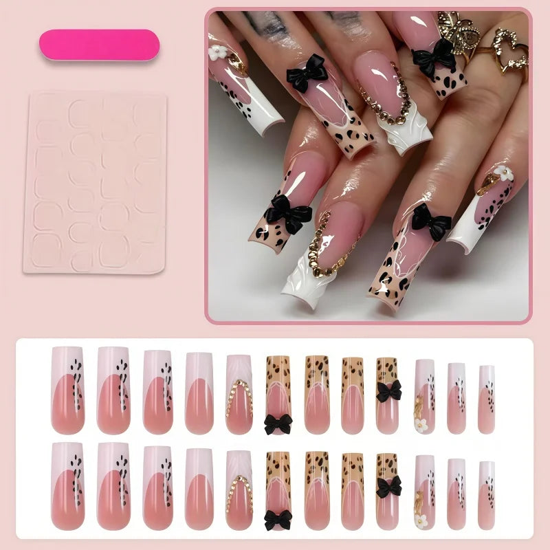 24PCS Long Fake Nails with Leopard Print and Bow Design for Nail Art - Tough Girl Style