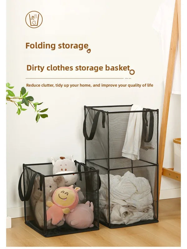 Foldable Large Mesh Laundry Hamper with Reinforced Handles - Collapsible Clothes Storage Basket