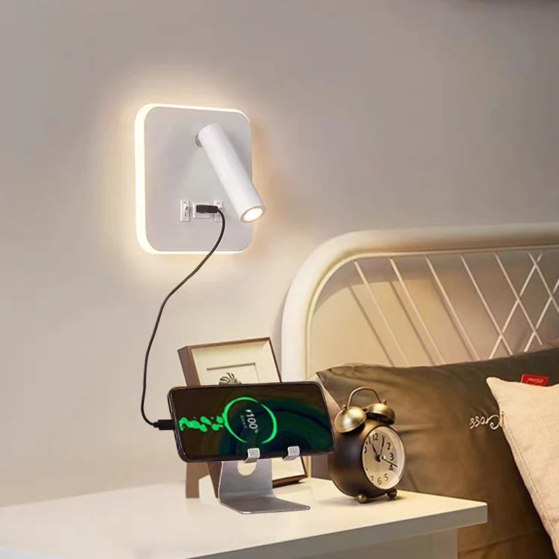 Nordic Modern LED Wall Lamp with Switch & USB for Bedroom Living Room