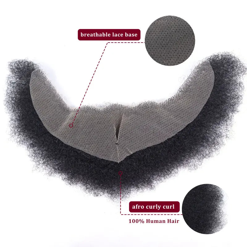 Black Afro Kinky Curly Fake Beard & Mustache for Men - Breathable Lace, Thick Facial Makeup
