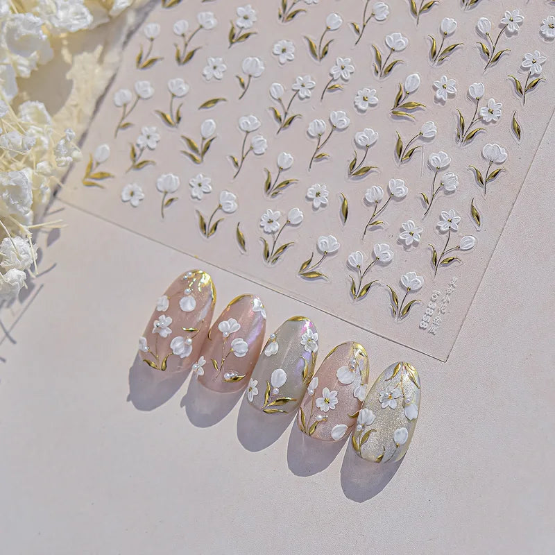 Gold Leaf Flower Bouquet Nail Art Stickers - 5D Self-Adhesive Manicure Decals