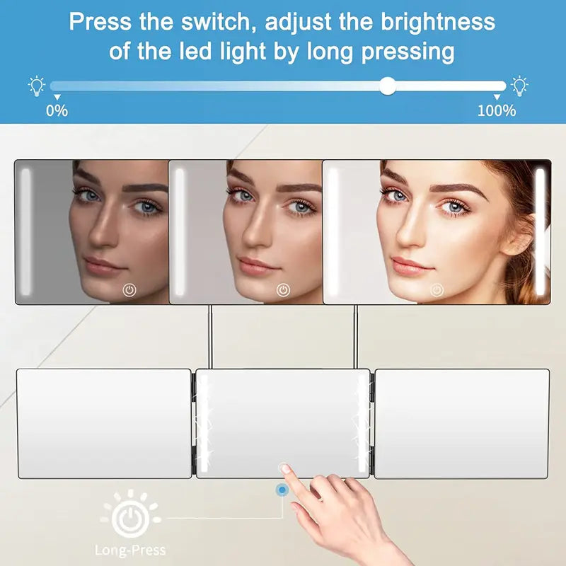 3-Way LED Trifold Mirror with Lighting for Haircut and Styling - 360° View