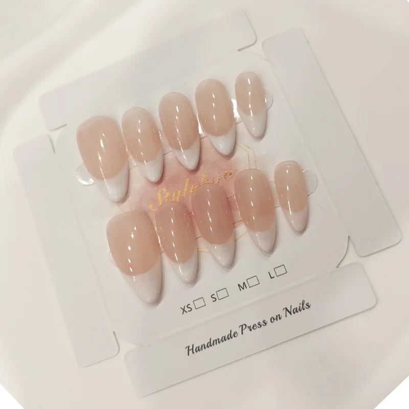 10 Pcs Handmade French Almond Cat-Eye Nail Tips - Full Cover & Detachable