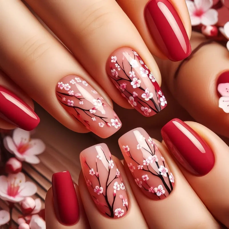 24pcs Short to Long Fake Nail Set for Spring & Summer Nail Art with Flowers & Butterfly Designs
