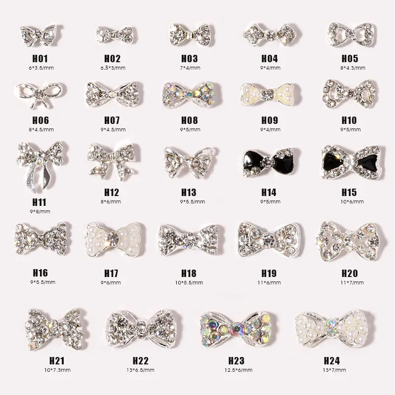 10PCS Bow Nail Charms Set - Super Flash Zircon, Silver Butterfly & Diamond Bows for Nail Art