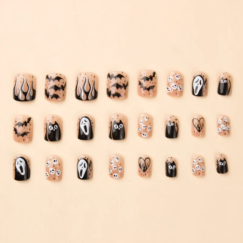 Halloween Skull Fake Nails 24 Pcs Full Coverage Press-On Nails Reusable False Nails for Women & Girls