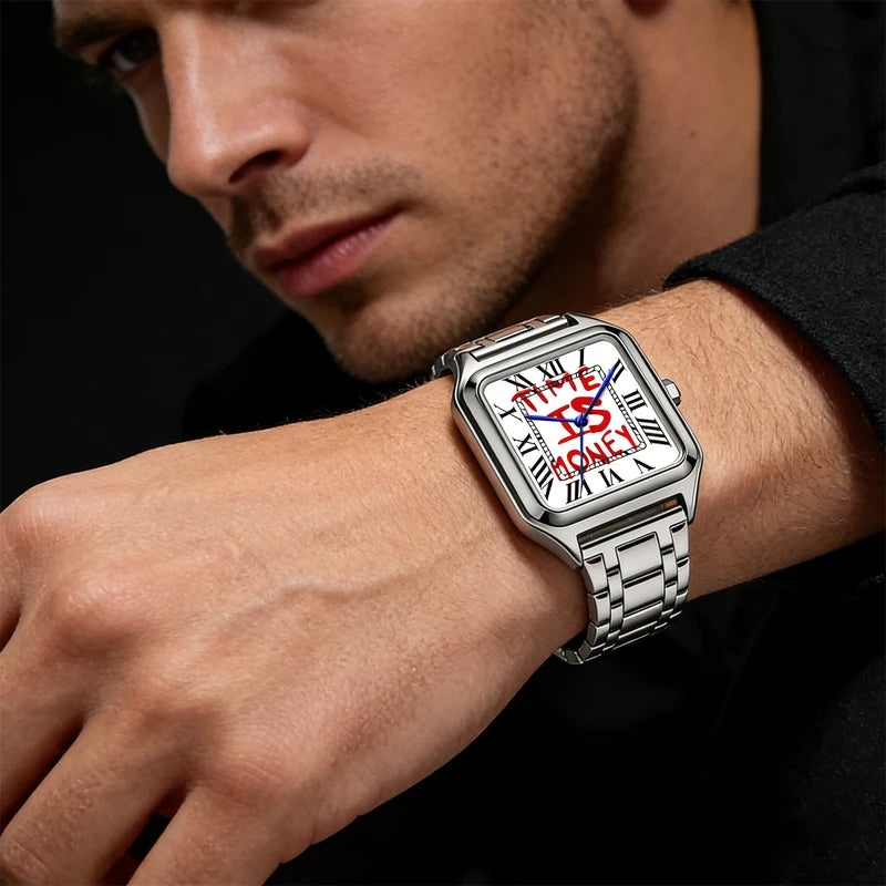 Men's Quartz Watch Stainless Steel Square Dial Waterproof Business Watch