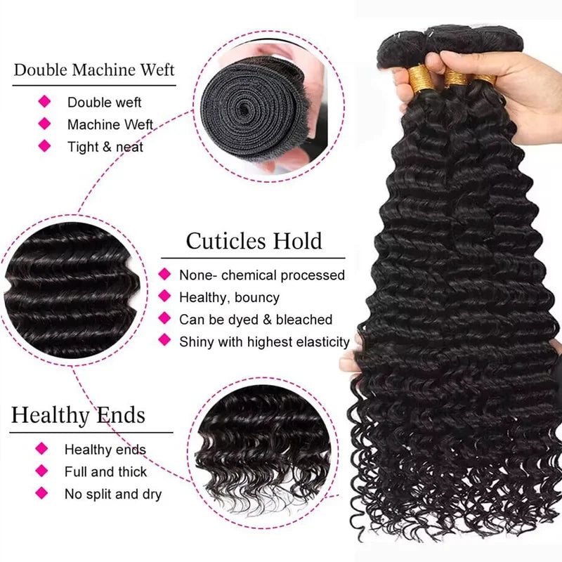 Deep Wave Human Hair Bundles - Brazilian Virgin Curly Hair Extensions for Sew-In & Weave