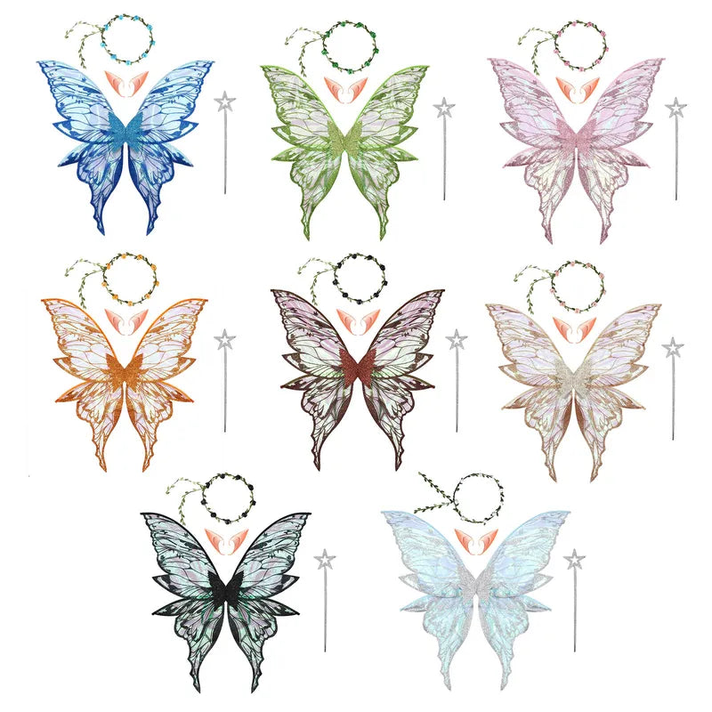 Fairy Elf Costume Wings Set with Elf Ears, Fairy Stick & Garland for Cosplay & Party