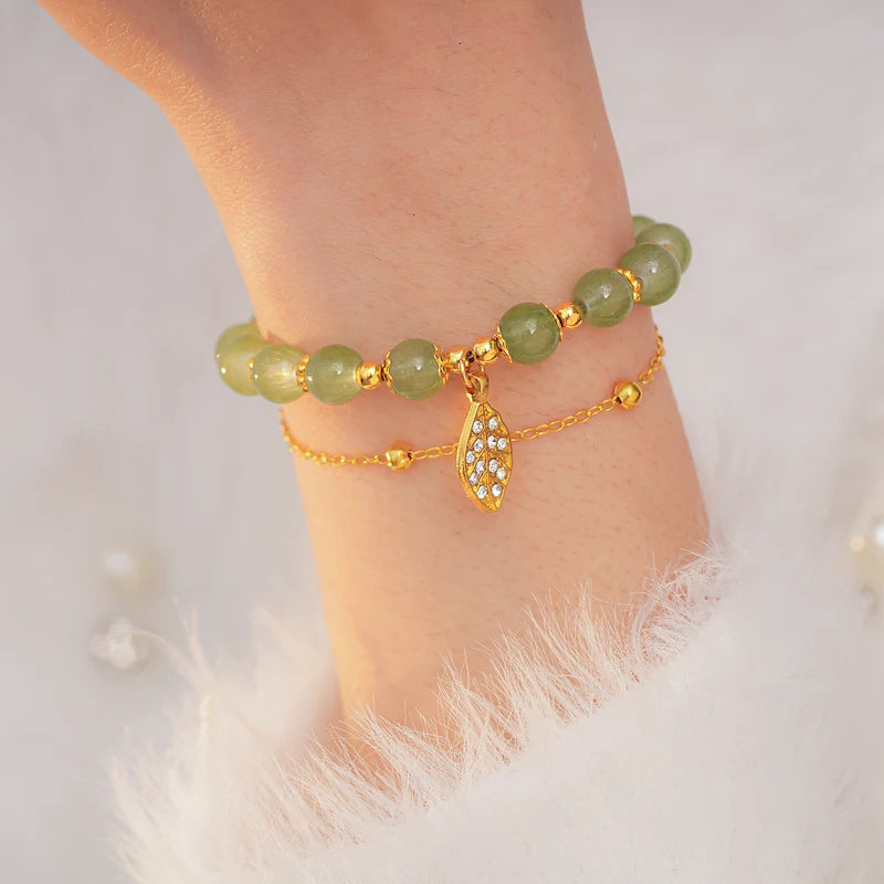 Green Jade Bracelet for Women - Exquisite Gold Leaves Wrist Strap Bangle