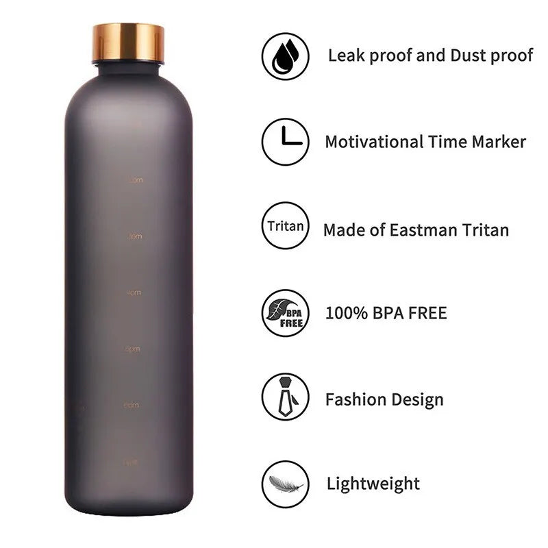 1L Reusable Water Bottle with Time Marker Leakproof BPA-Free Sports Travel