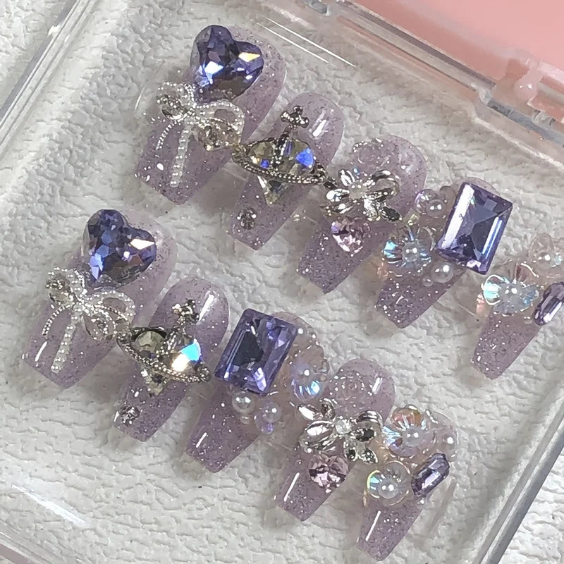 10pcs High-End Aurora Purple Heart Fake Nails with Diamonds - Handmade Nail Set