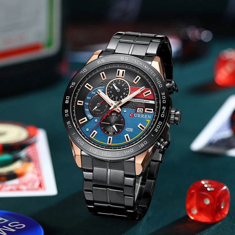 Men's Quartz Watch Waterproof Business Chronograph Stainless Steel Strap