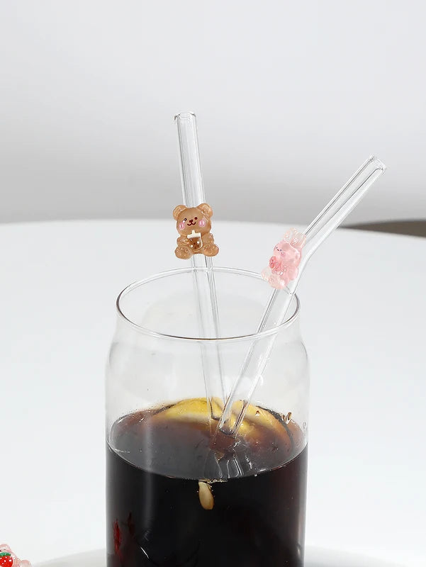 Cartoon Rabbit & Bear Glass Drinking Straws, Reusable Bendable Drinkware for Smoothies & Cocktails