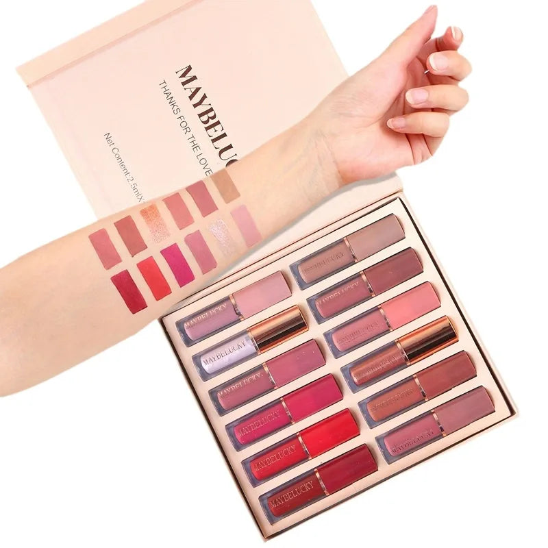 12-Piece Matte Lip Gloss Set with Color-Changing Pearlescent Finish