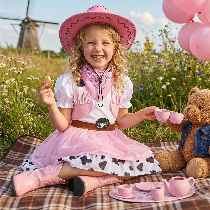 Girls Cowgirl Costume Dress with Cowboy Hat for Halloween and Parties
