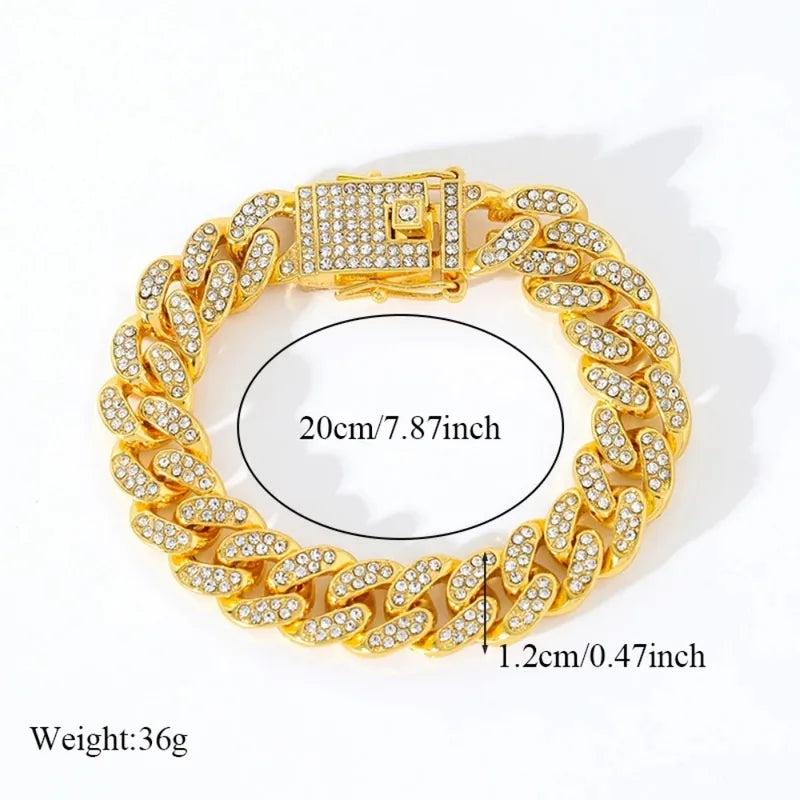 Men's Gold Chain Bracelet with Clear Crystal Stones - Hip Hop Miami Link Style