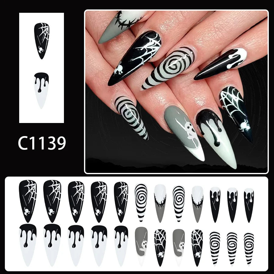 Halloween False Nails 24pcs Glossy Gradient Almond Press-On Fake Nails Gothic Style