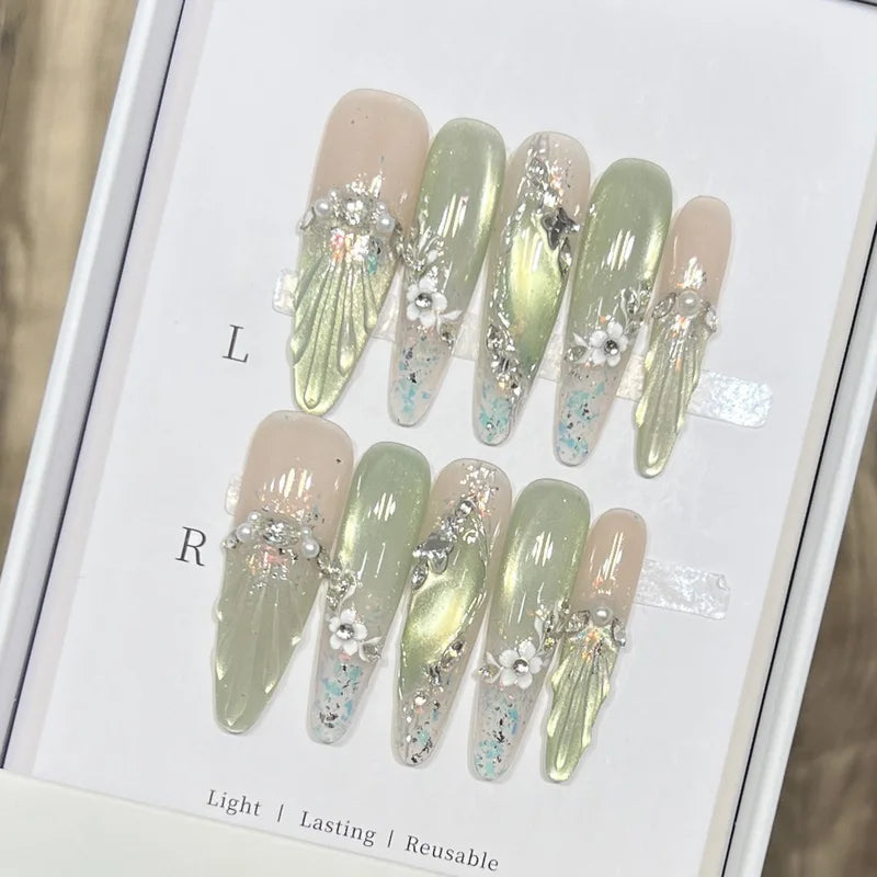 10pcs Long Almond Fake Nails Tips with Pearl and Floral Design - Multiple Colors