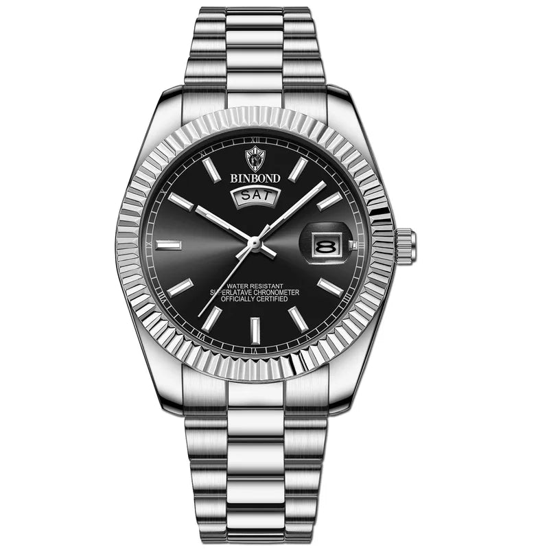 Men's Waterproof Steel Strap Quartz Watch with Calendar Night Light - Business Casual