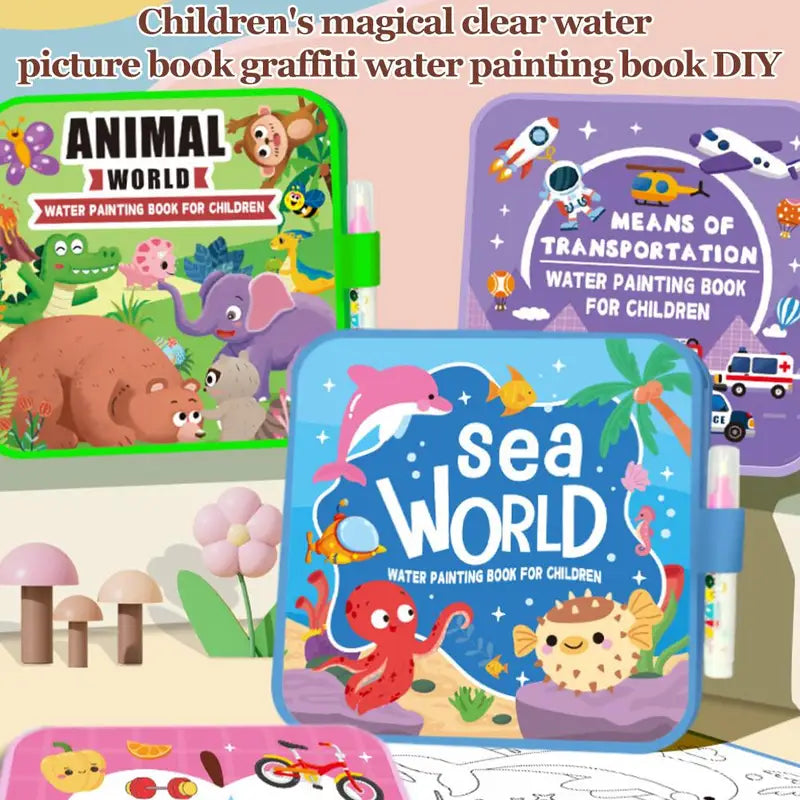 Kids Reusable Water Painting Book with Pen - Animal & Sea World Educational Drawing Pad