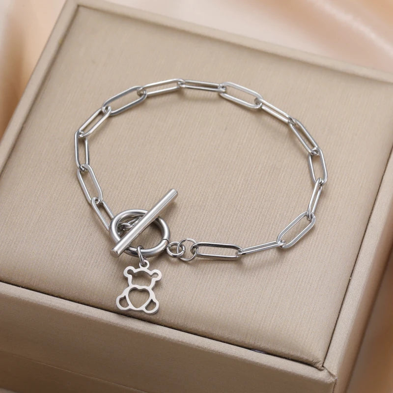 Cute Love Bear Pendant Women's Bracelet with Heart Charm - Stainless Steel Jewelry for Valentine's Day