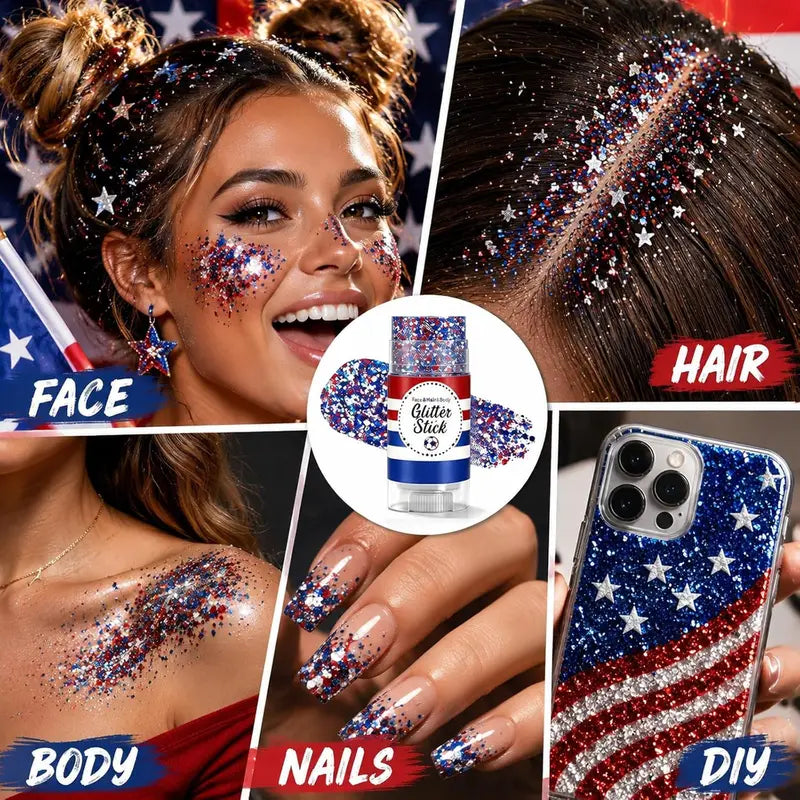 Waterproof Glitter Stick for Face Hair Body & Nails - Patriotic 4th of July Festival Makeup