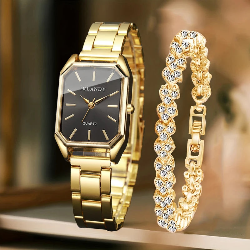 2PCS Women’s Quartz Watch & Rhinestone Bracelet Set - Elegant Fashion Jewelry