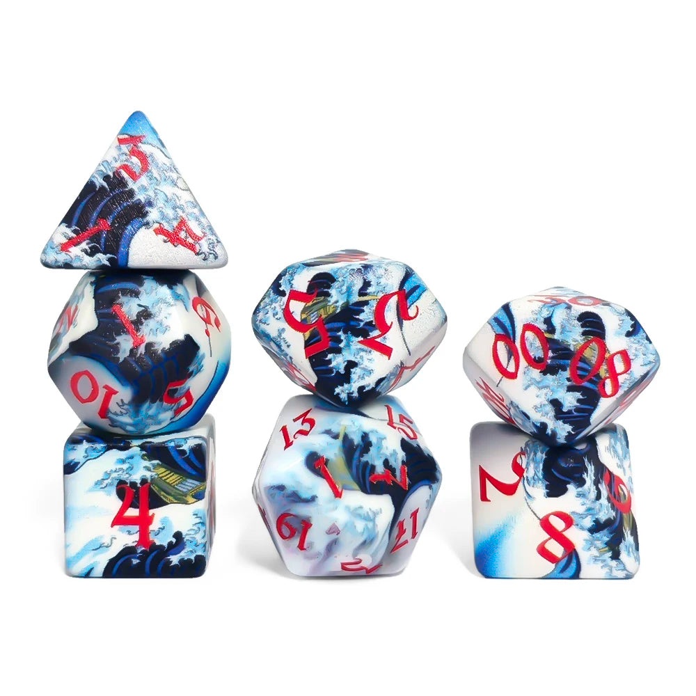 Colorful 7-Piece Wave Print Dice Set for DND RPG Board Games