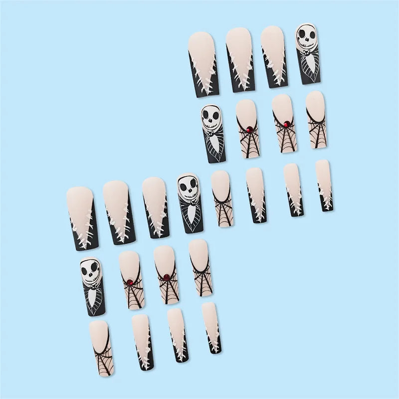 Halloween Press-On Nails with Skull Spider French Full Cover Fake Tips - 24pcs