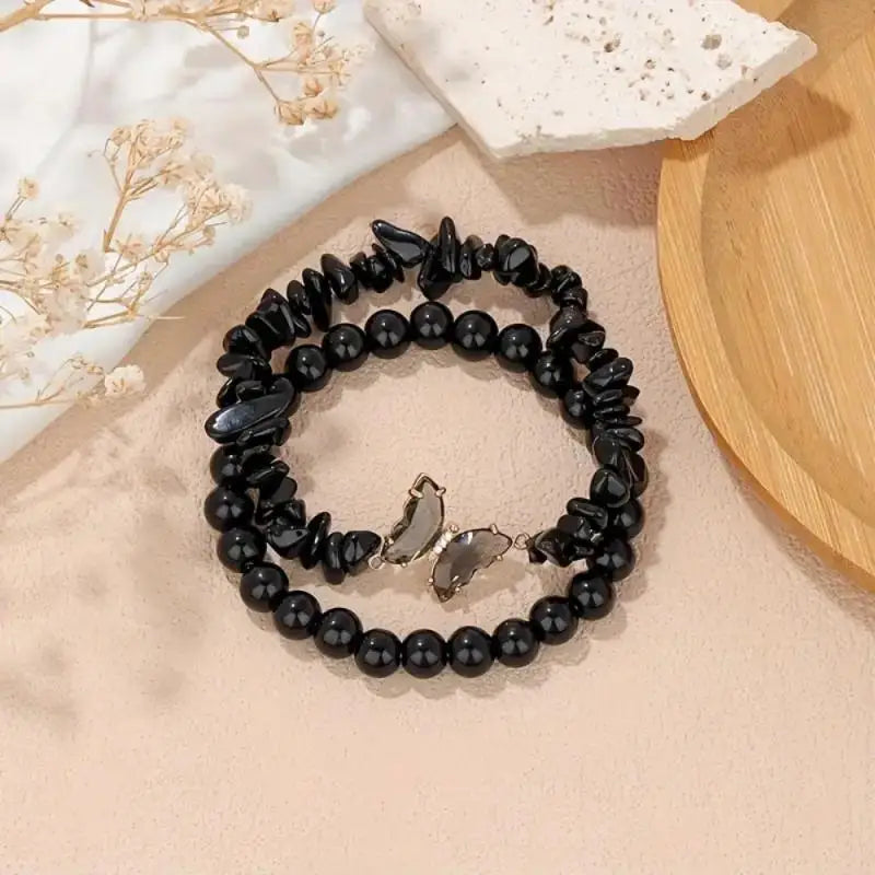 Beaded Butterfly Bracelet Set for Women - Amethyst Obsidian Stretch Bangles with Positive Energy