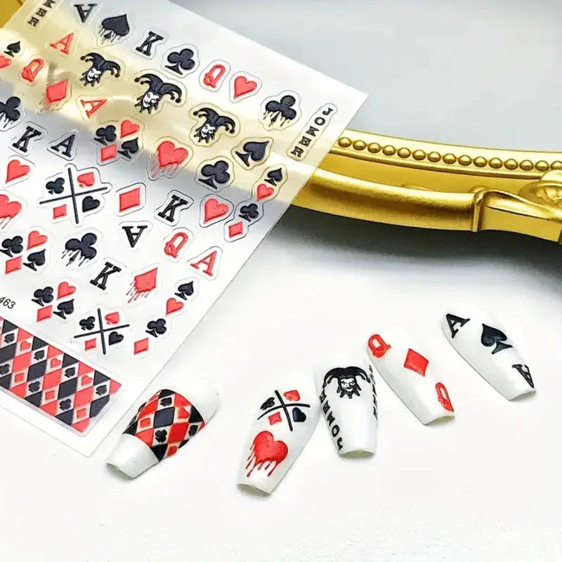 Poker Nail Art Stickers 5D Embossed Playing Card Nail Decals DIY Manicure