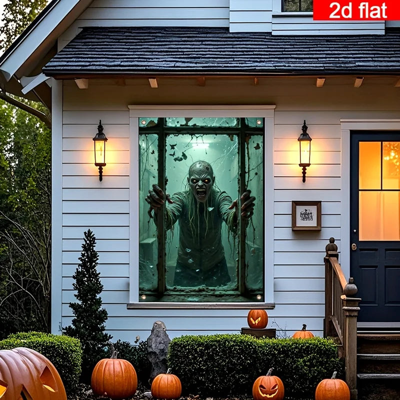 Halloween Window Banner with Zombie Hands & Cracked Glass Design - Polyester Decoration