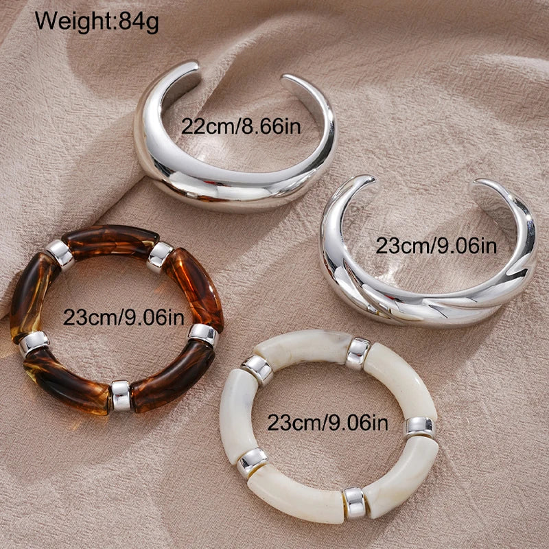 Set of 4 Geometric Wide Metal Bangles for Women - Minimalist Chunky Cuff Jewelry
