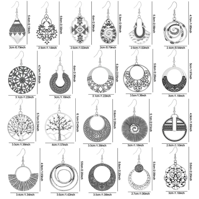 Vintage Ethnic Silver Dangle Earrings for Women - Bohemia Drop Jewelry