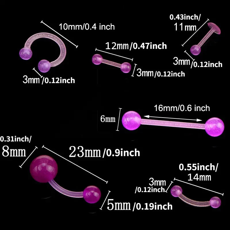 Glow In Dark Flexible Body Piercing Jewelry Set - Tongue, Ear, Lip, Septum, Eyebrow, Cartilage, Daith, Helix