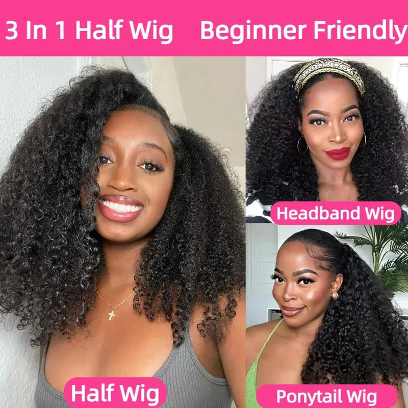 Kinky Curly Half Wig with Clip-Ins & Drawstring Seamless Extensions - Human Hair