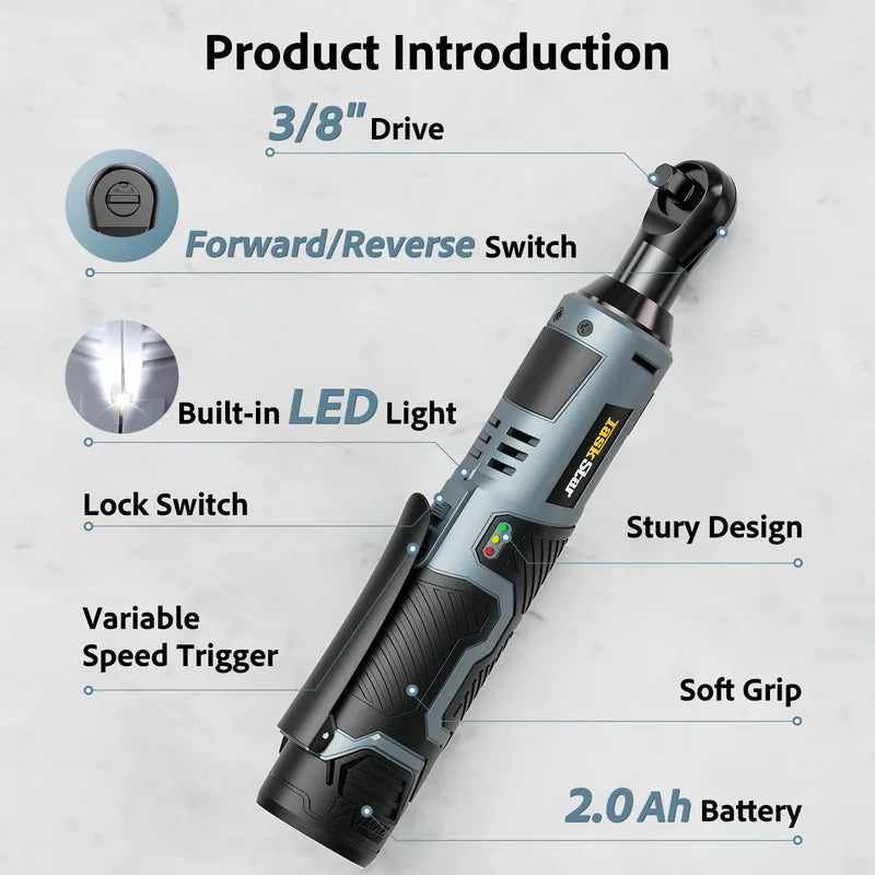 12V Electric Ratchet Wrench Set with 2.0Ah Battery & LED Light for Car Repair