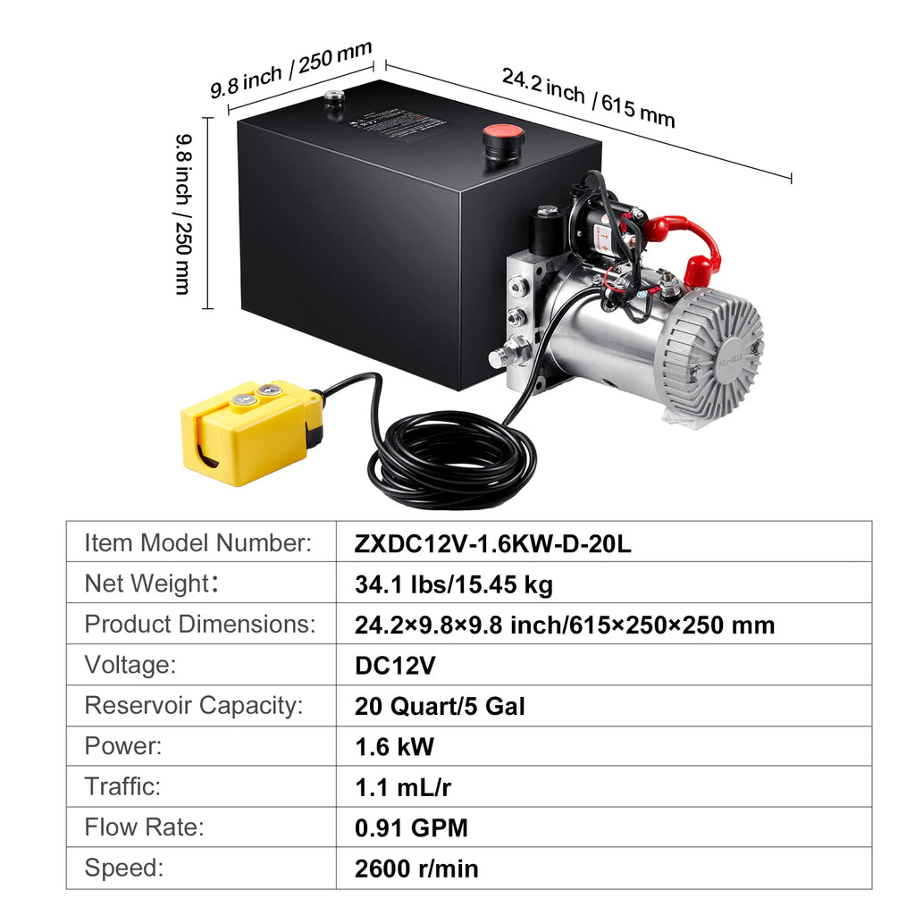 Hydraulic Pump 4-20 Quart Dump Trailer Power Unit 12V Single Acting Lift