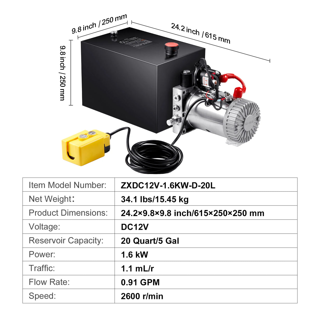 Hydraulic Pump 4-20 Quart Dump Trailer Power Unit 12V Single Acting Lift